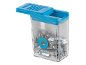 Transparenter Behälter mit blauem Deckel, gefüllt mit Schraubendreher-Bits.