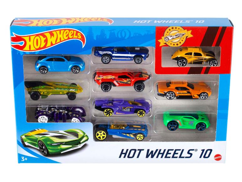 Ein Set aus 10 bunten Spielzeugautos in einer blau-roten Box, mit einem prominent platzierten grün-weißen Sportwagen.