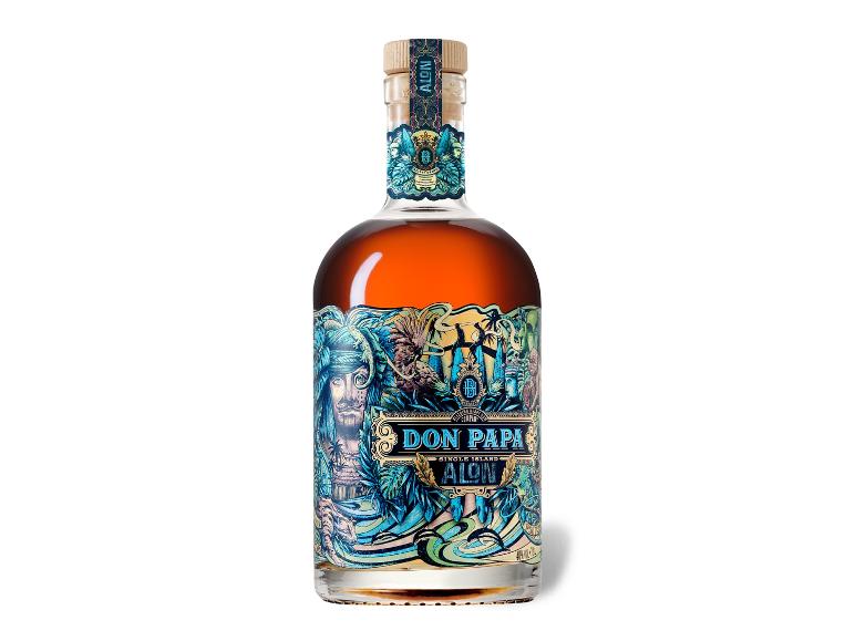 Don Papa Single Island ALON Rumflasche mit farbenfrohem, detailliertem Etikett.