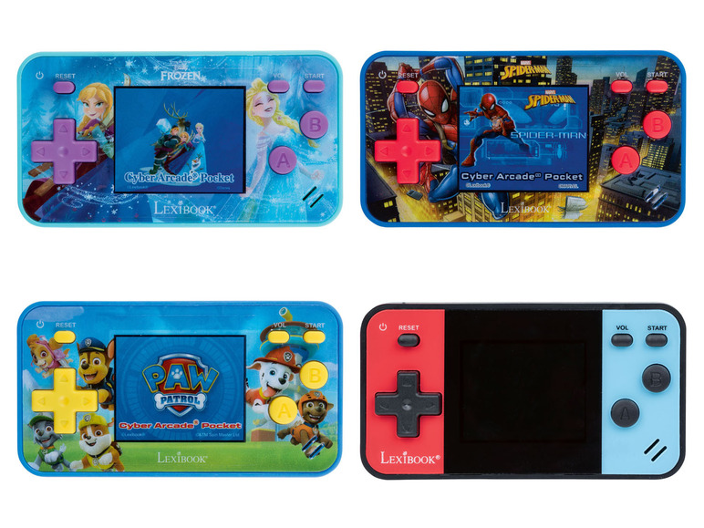 Vier Cyber Arcade Pocket Handheld-Spielkonsolen mit Frozen, Spiderman, Paw Patrol und einem Schwarz-Weiß-Design.