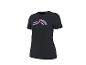 Schwarzes Kurzarm-T-Shirt mit einem abstrakten rosa-blauen Logo auf der Brust.