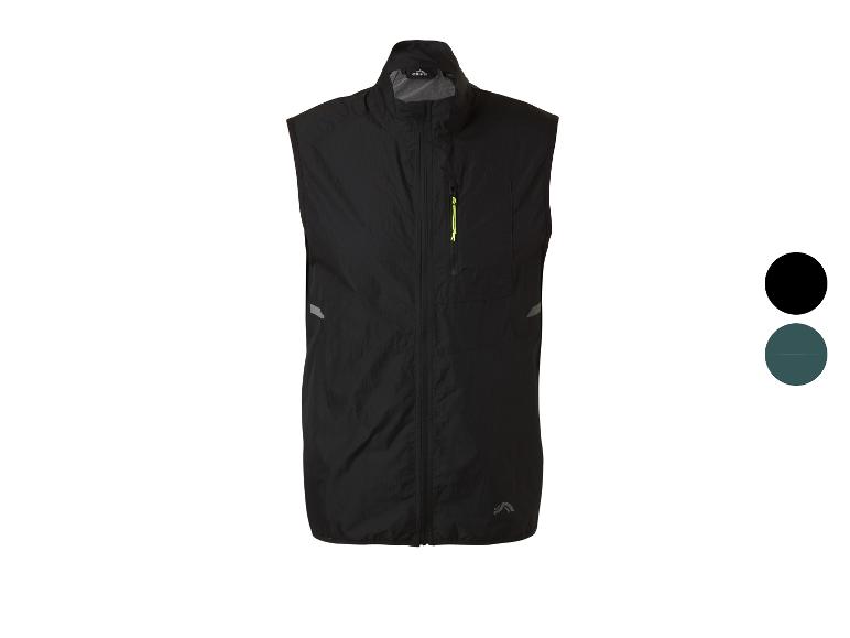 Schwarze Herren-Sportweste mit Reißverschluss und reflektierenden Details.