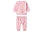 Rosa Baby-Trainingsanzug mit orangefarbenen und lila Punkten.