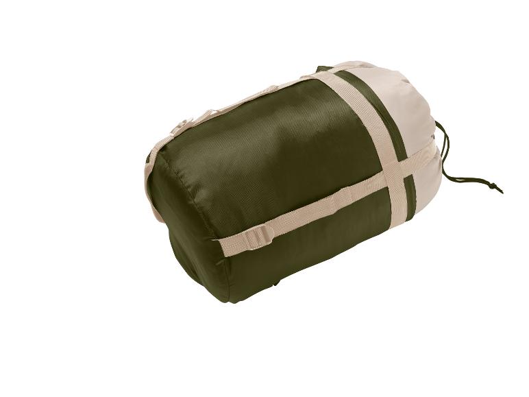Gerollter olivgrüner und beiger Schlafsack mit Kompressionsriemen