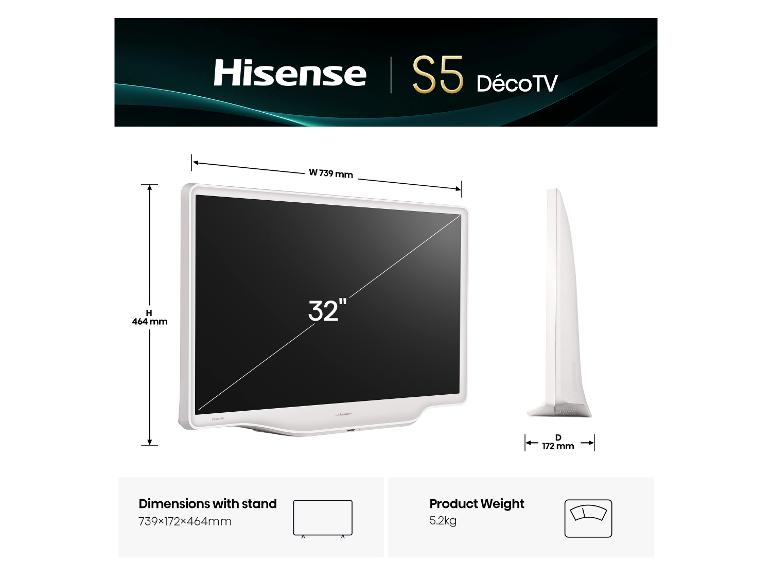 32-Zoll-Fernseher mit Abmessungen und Gewicht.