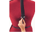 Rote Schneiderpuppe mit einer Hand, die die Tailleneinstellung anpasst, mit 'WAIST'-Beschriftung.