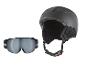 Mattschwarzer Skihelm und Skibrille mit verspiegelten Gläsern