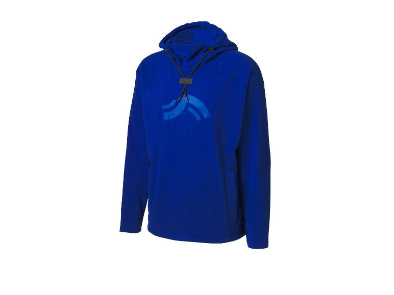 Blauer Kapuzenpullover mit Kordelzug und stilisiertem Logo auf der Brust.