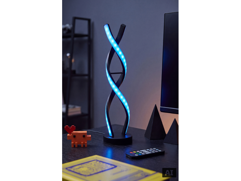 Moderne LED-Schreibtischlampe in Form einer DNA-Doppelhelix, die blau auf einem Tisch leuchtet.