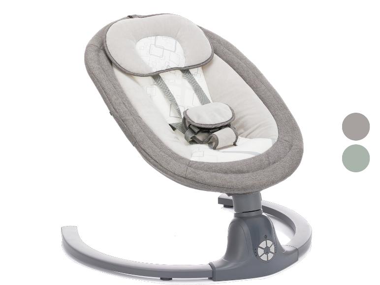 Graue Babywippe mit Sicherheitsgurt und drehbarer Basis.