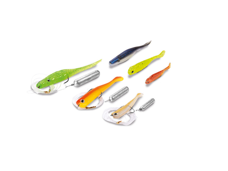 Eine Auswahl an Kunstködern zum Angeln, darunter eine grüne, gelbe, orange und weiße Variante.