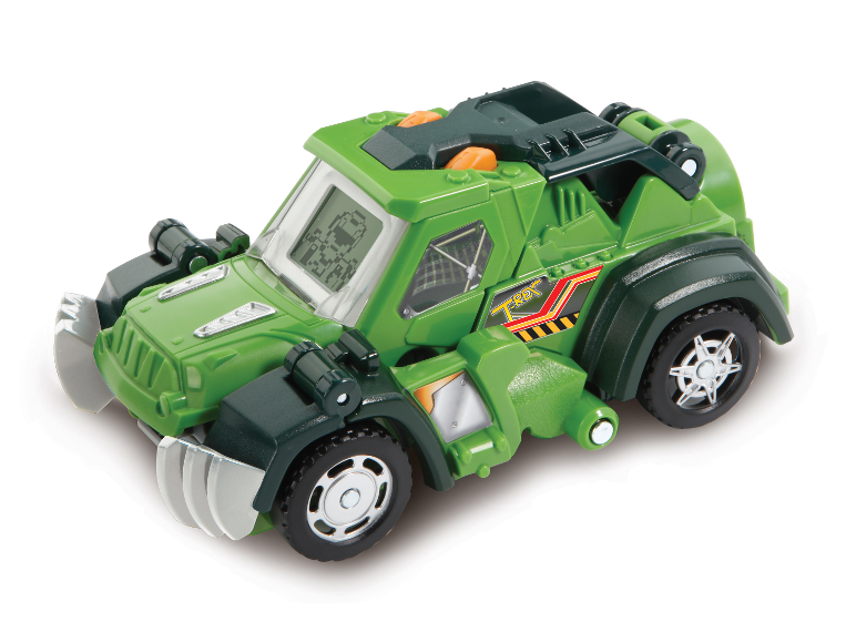 Transformierbares grünes T-Rex Fahrzeug mit digitalem Display.