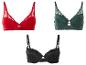 Drei BHs mit Spitze in Rot, Grün und Schwarz.