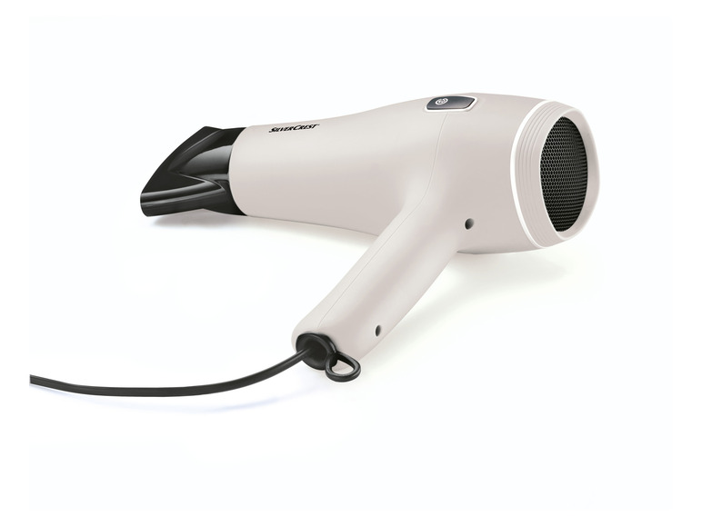 Ein weißer Silvercrest Haartrockner mit schwarzem Kabel.