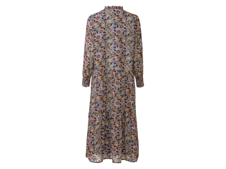 Langes, blaues Kleid mit Blumenmuster.