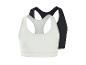 Zwei Sport-BHs, einer weiß und einer schwarz, mit Racerback-Design.