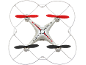 Weißer Quadrocopter-Drohne mit roten und schwarzen Propellern von oben gesehen