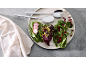 Salat mit Radieschen, Granatapfel und Sprossen auf einem Teller mit Salatbesteck.
