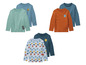 Vier Langarmshirts für Jungen mit verschiedenen Mustern: Streifen, Monstergesichter und Tiere.