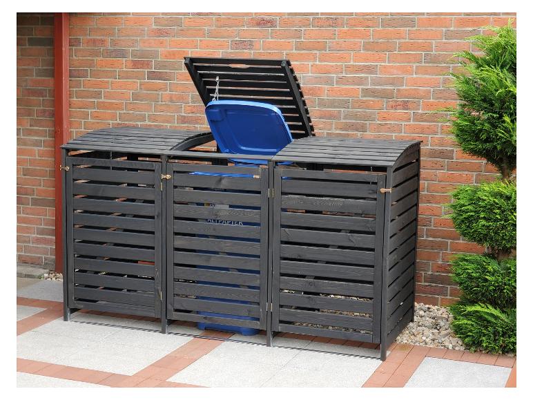 Ein Holz-Abfalleimer mit einem blauen Behälter