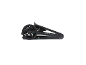 Zusammengeklappter schwarzer Kinderwagen mit sichtbaren Rädern und kompaktem Rahmen.