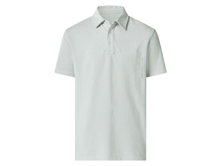 Hellgrünes Kurzarm-Poloshirt mit gestreifter Textur und Brusttasche.
