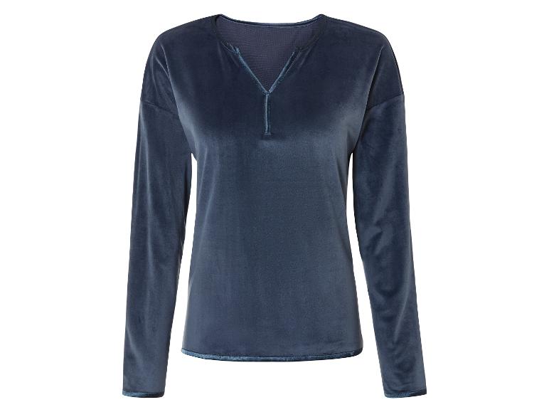 Ein dunkelblaues, langärmliges Samt-Oberteil mit V-Ausschnitt.