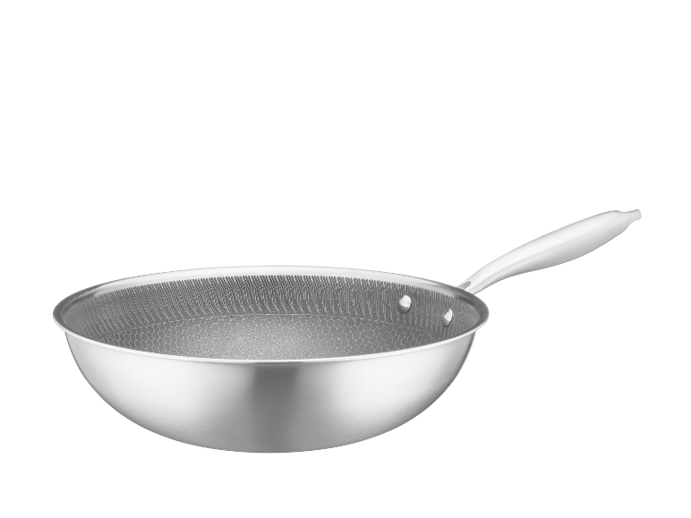 Edelstahl-Wok mit Wabenmuster auf der Innenseite und langem Griff.