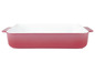 Eine rosafarbene rechteckige Auflaufform mit Griffen.