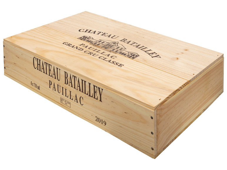 x Pauillac Classé Original-Holzkiste trocken, Batailley Cru AOP Grand 0,75-l-Flasche 6 Rotwein 2019 5éme - Château