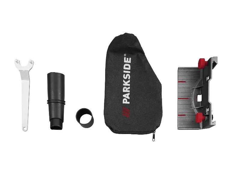 Eine schwarze Parkside Werkzeugtasche mit verschiedenen Zubehörteilen.