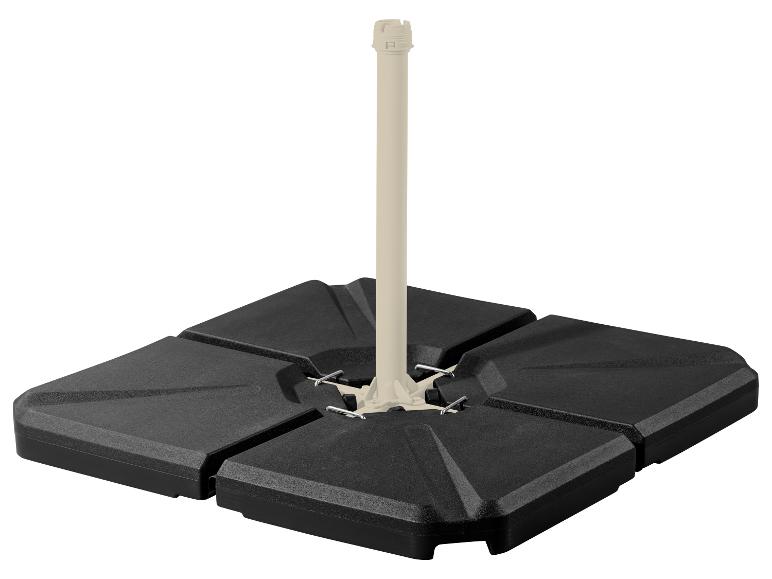 Schwarzer Sonnenschirmständer mit vier befüllbaren Segmenten und beigem Stangenhalter.