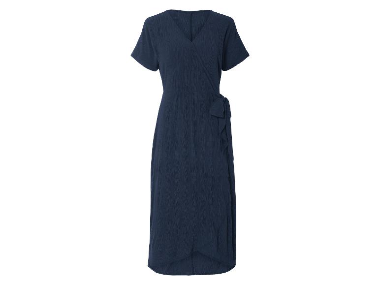 Marineblaues Wickelkleid, sommerlicher Stil.