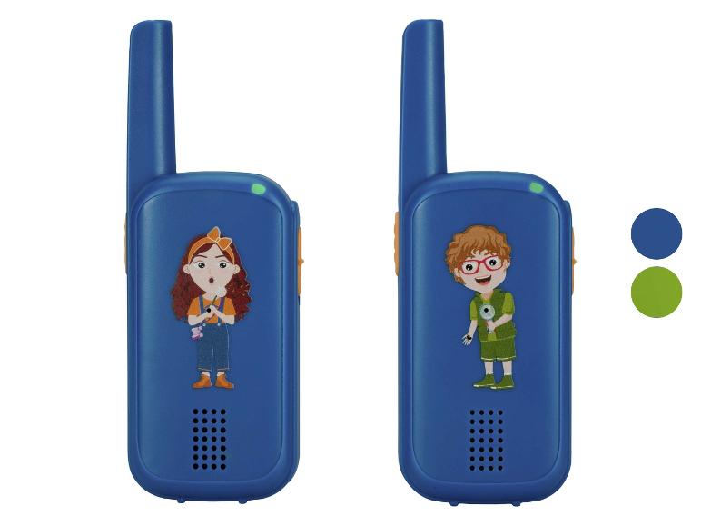 Blaue Kinder-Walkie-Talkies mit Zeichnungen von einem Mädchen und einem Jungen.