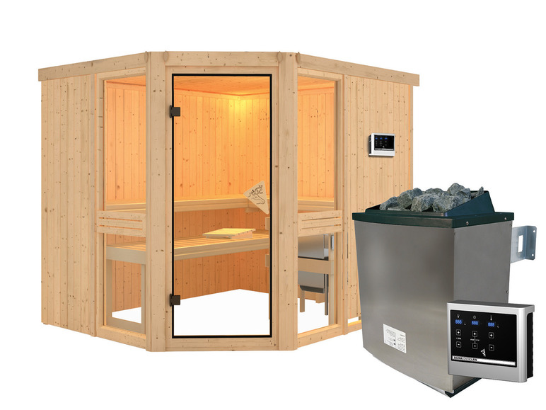 Gehe zu Vollbildansicht: Karibu Indoor-Sauna »Helsinki«, mit Eckeinstieg, 9 kW Ofen - Bild 23