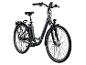 Graues E-Bike mit Gepäckträger und Lichtern, Vorderansicht.