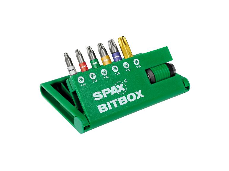 Grünes Bit-Set mit sechs Schrauberbits in verschiedenen Größen und dem Schriftzug „BITBOX“.