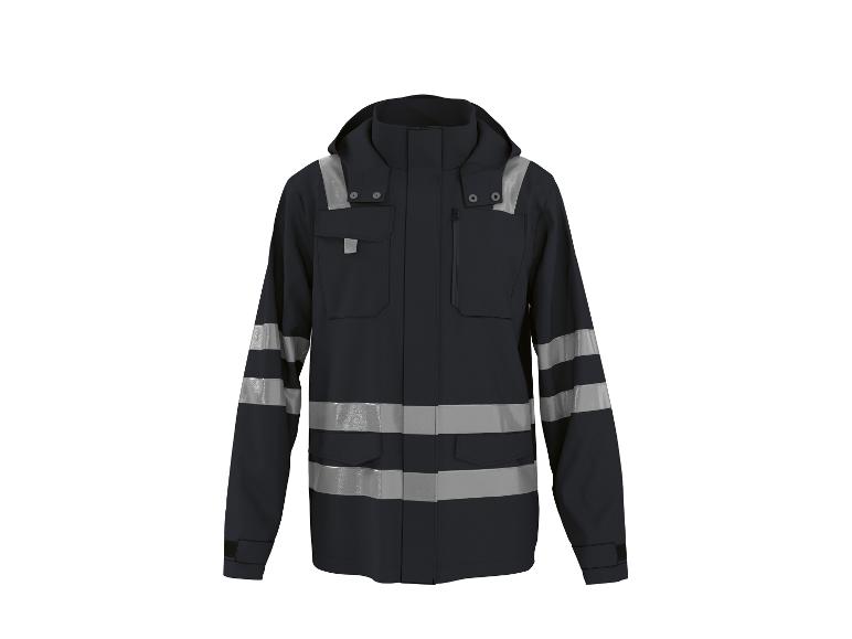Dunkelblaue Jacke mit reflektierenden Streifen und Kapuze
