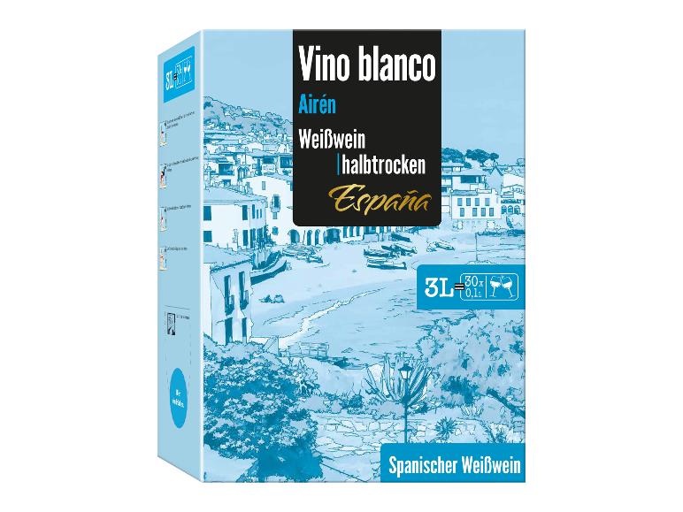 Spanischer Weißwein Airén halbtrocken im 3L Bag-in-Box, mit Küstenlandschaft.