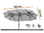 Grauer Doppel-Terrassenschirm mit Maßen 300 cm x 150 cm, zeigt Öffnungsmechanismus und Abdeckung.