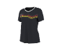 Schwarzes Sport-T-Shirt mit V-förmigem Streifendesign in Rot, Gelb und Grau.