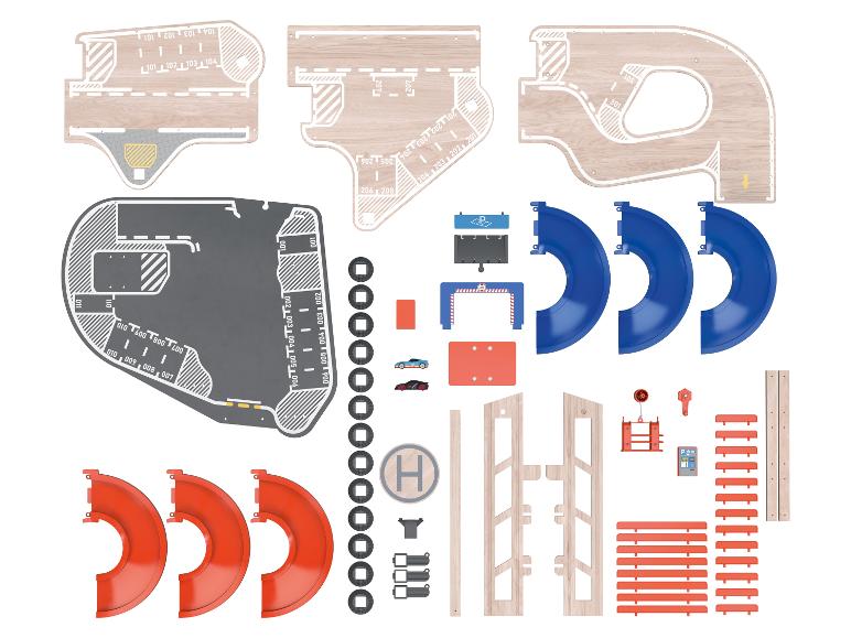 Rennstrecken- und Parkhaus-Spielset, mit Holz- und Kunststoffteilen.