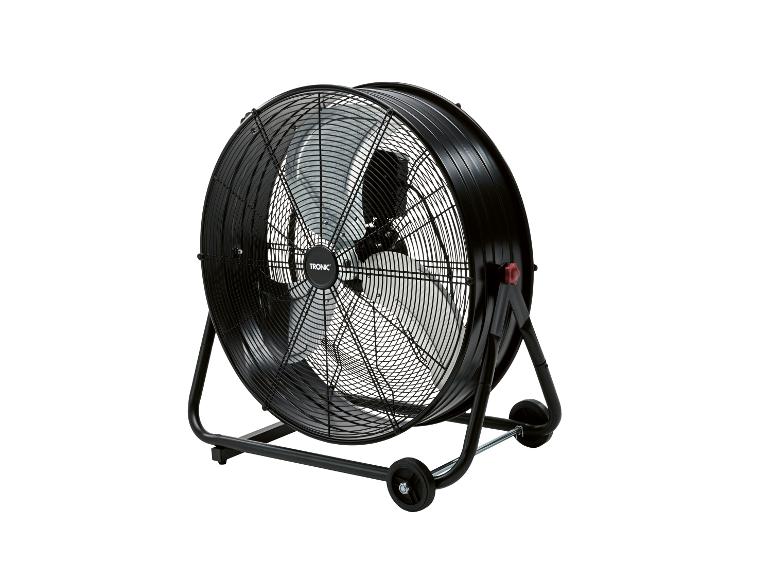 Schwarzer Industrie-Bodenventilator mit Metallgitter und Rollen