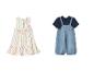 Buntes gestreiftes Kleid und Jeans-Latzhose mit blauem T-Shirt für Babys.