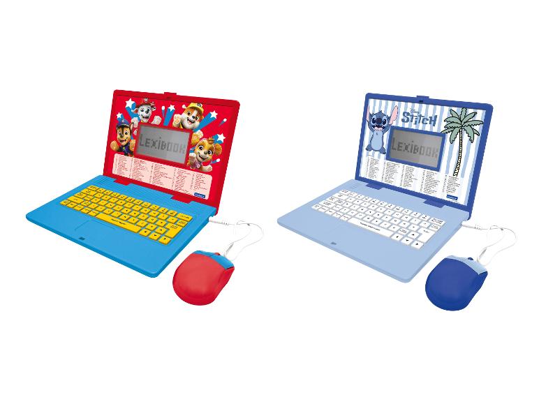 Zwei Spielzeug-Laptops mit Paw Patrol- und Stitch-Motiven, komplett mit Mäusen.
