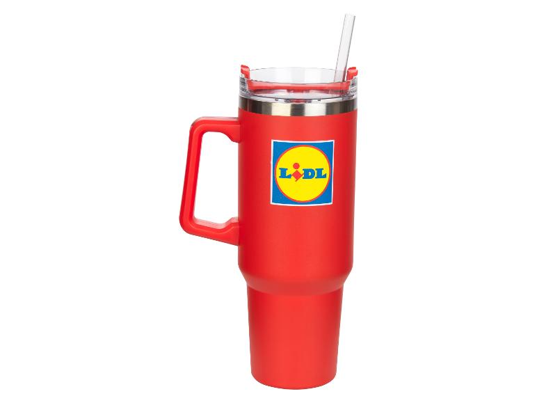 Roter Lidl Becher mit Strohhalm.