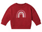 Ein roter Pullover mit langen Ärmeln für Babys mit einem Regenbogen-Druck.
