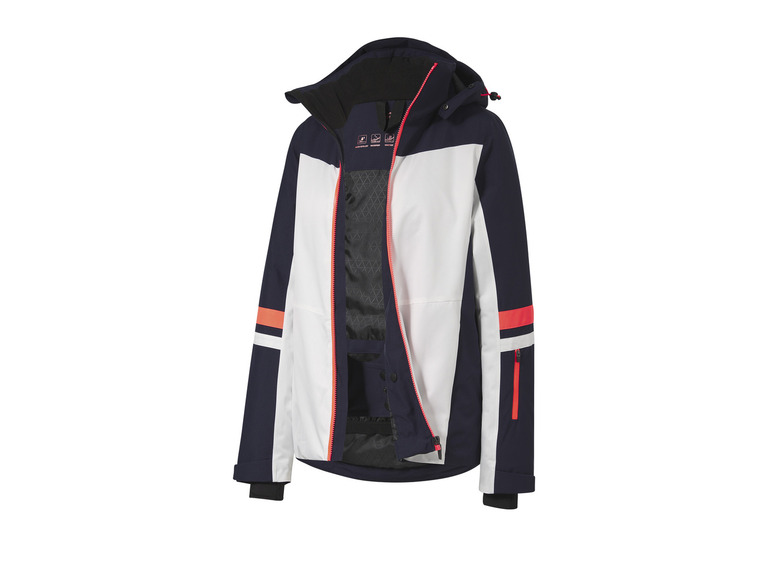 Eine blaue und weiße Skijacke mit einem roten Streifen.