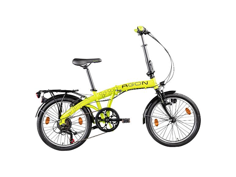 Ein leuchtend grünes Agon Faltrad mit schwarzen Akzenten und Gepäckträger.