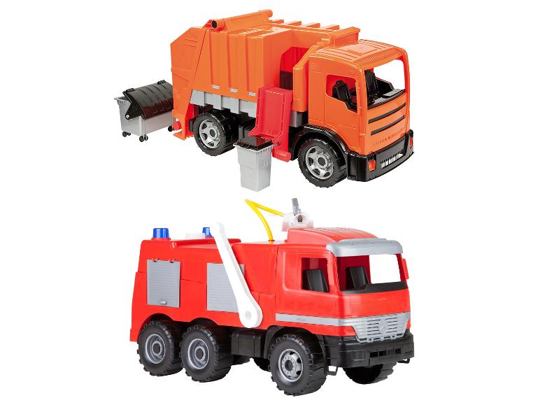 Spielzeug-Müllwagen mit Tonnen und Spielzeug-Feuerwehrauto mit Leiter